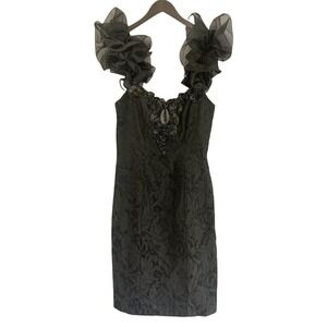VTG Loralie Black Cocktail Formal Beaded Dress W/ Ruffle Sleeves 80/90s Sz 12